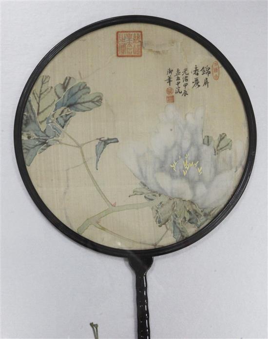 Two Chinese painted silk rigid circular fans, Guangxu period (1875-1908),